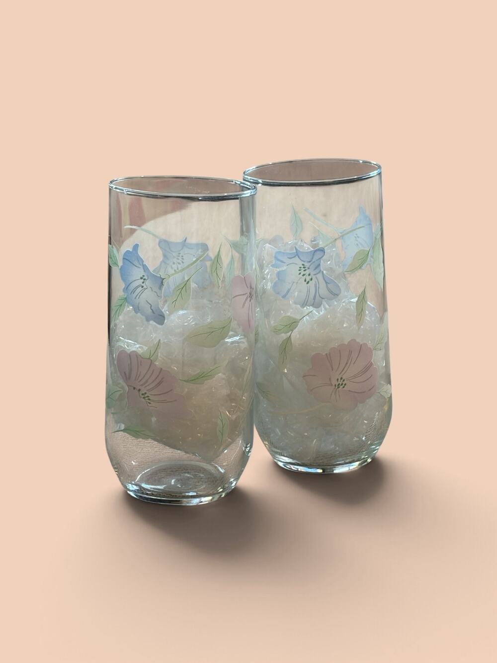 Vtg Luminarc France Morning Glory Glass Tumblers Pastel Floral Pink Blue Set 2
